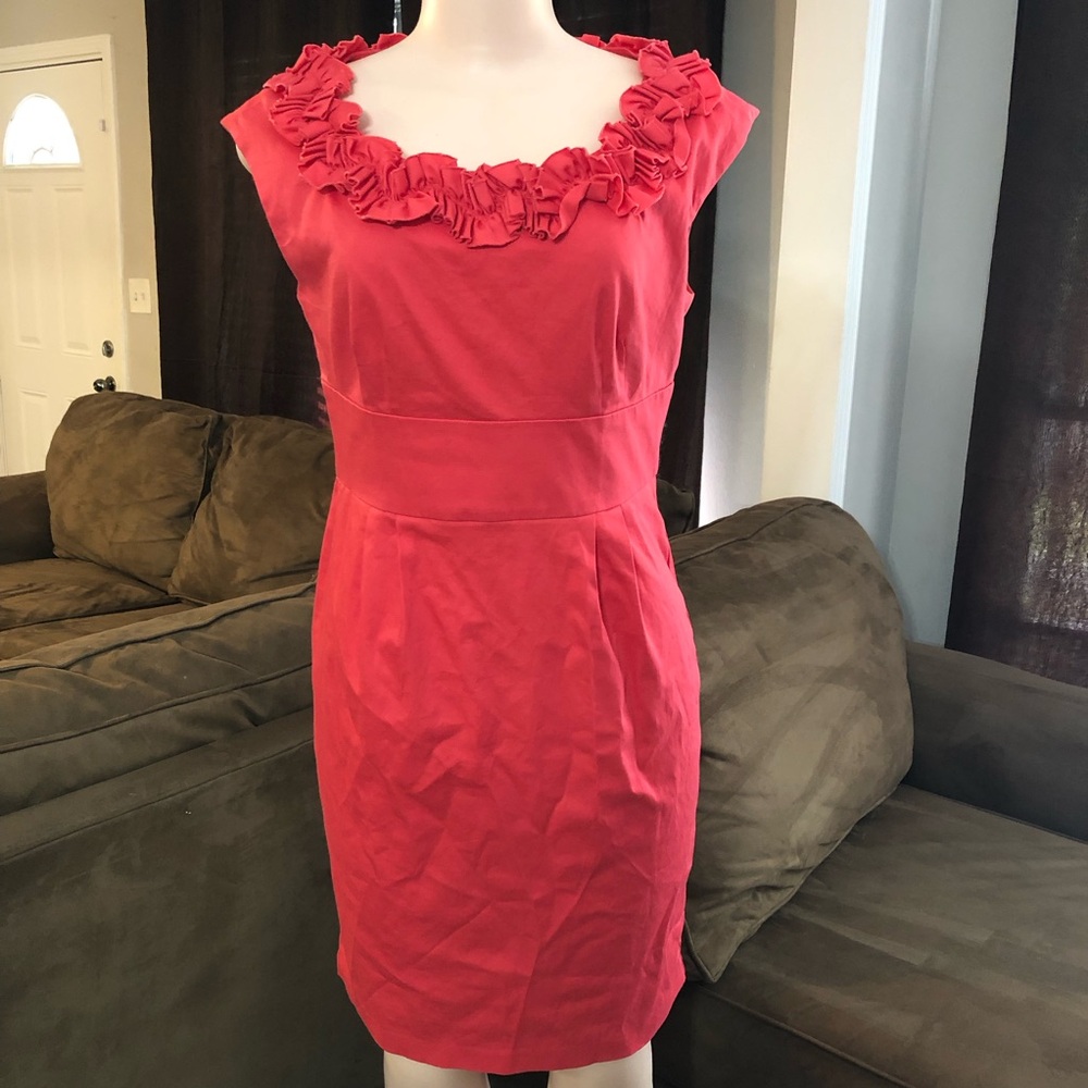 Maggy L Ruffle neck Dress Coral zip back classy business church attire Woman 6
